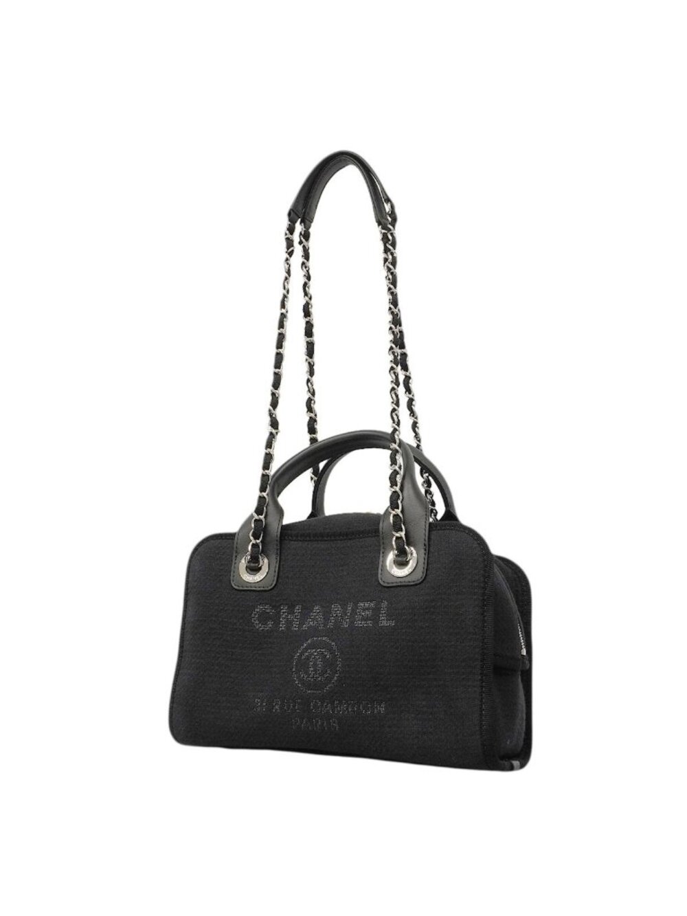 Chanel Handbag Deauville Canvas Black Silver 2-Way